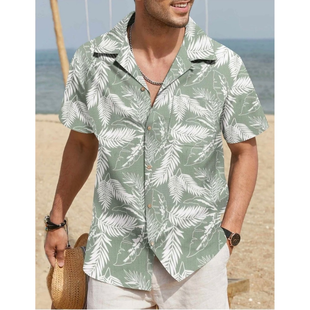 COOFANDY Mens XXL Tropical Palm Leaf Print Camp Shirt Sage Green Short Sleeve